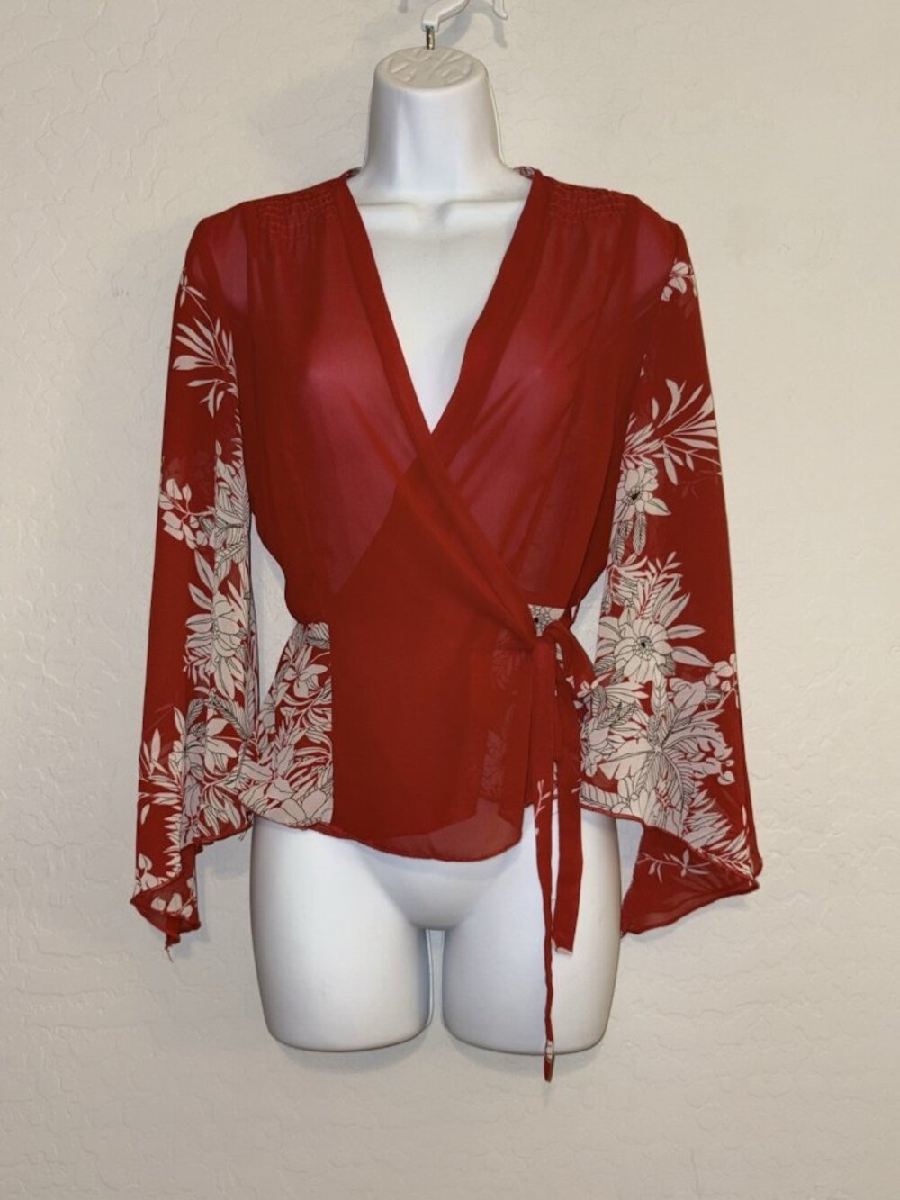 Rampage Y2K Red Sheer Kimono Sleeve Wrap Blouse Floral Print Tie Front Small